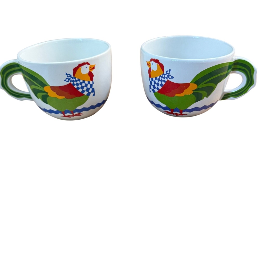 Vintage FTD Rooster Soup Mugs Set of 2 Large White Green Cottagecore Farmhouse
